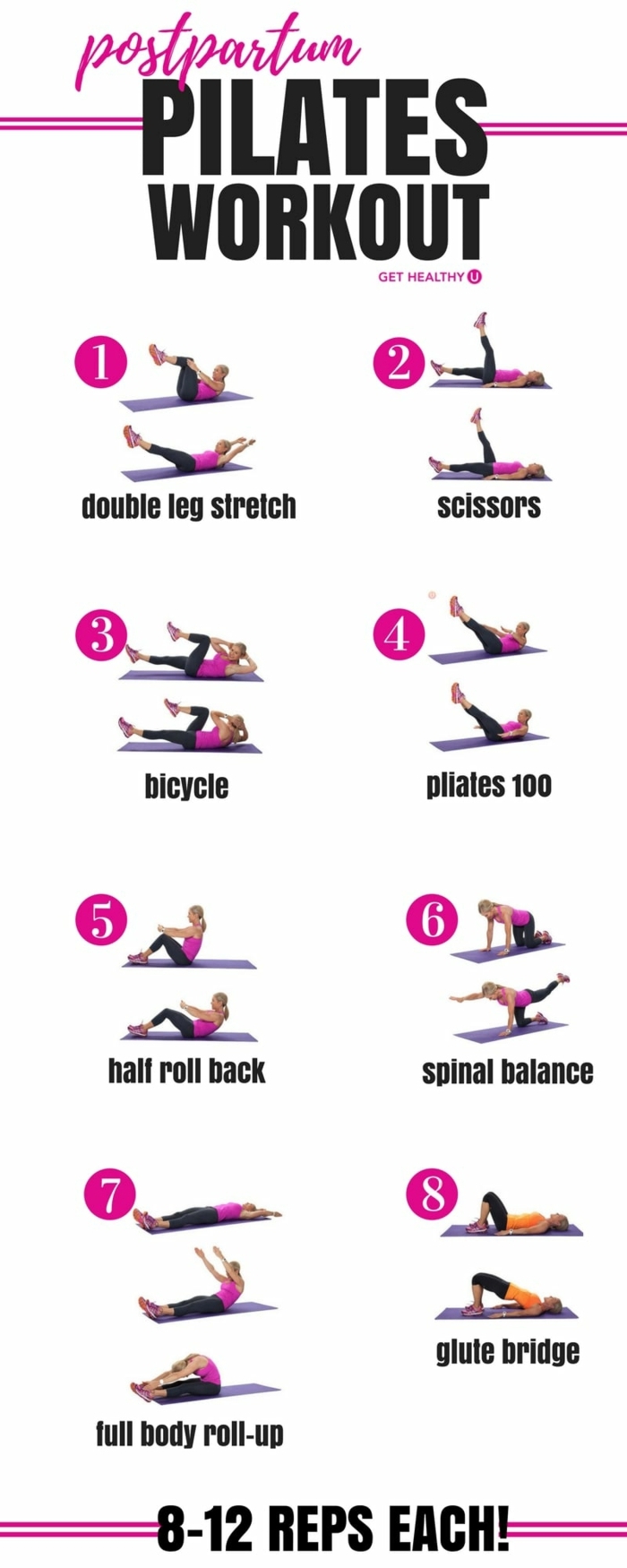 pilates workout, Frau macht acht Übungen vor, was kann man zuhause machen, Fitness und Gesundheit