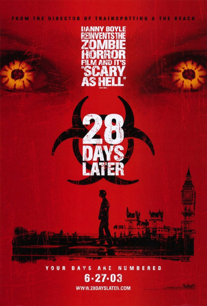 pffizieller poster zu dem film 28 days later, die besten filmen über viren, epidemien und pandemien, london und eine kreatur mit gelben augen 