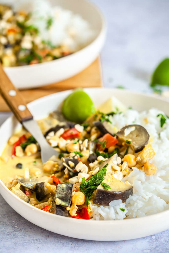 Einfache schnelle Rezepte, veganes Kokos Auberginen Curry mit Reis, vegane Rezepte, Gericht in einer weißen Schale