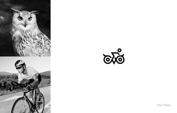 mann mit fahrrad, ein markenlogo von dem designer shibu pg mit einer weißen eule und fahrrad, owl rider 