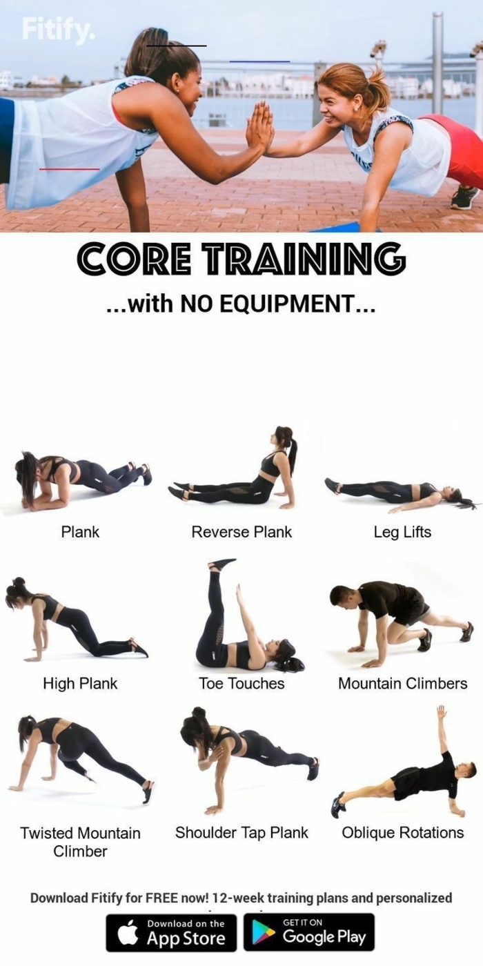 neun Übungen für die Bauchmuskeln, Kraftübungen ohne Geräte, zwei Frauen trainieren zusammen