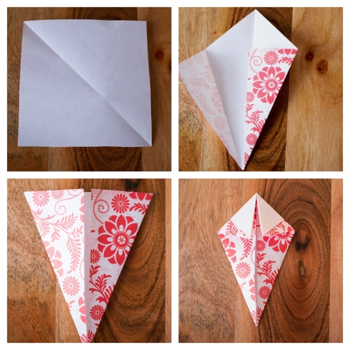 Collage mit den einzelnen Schritten zum falten von einem Vogel, Origami Anleitung einfach