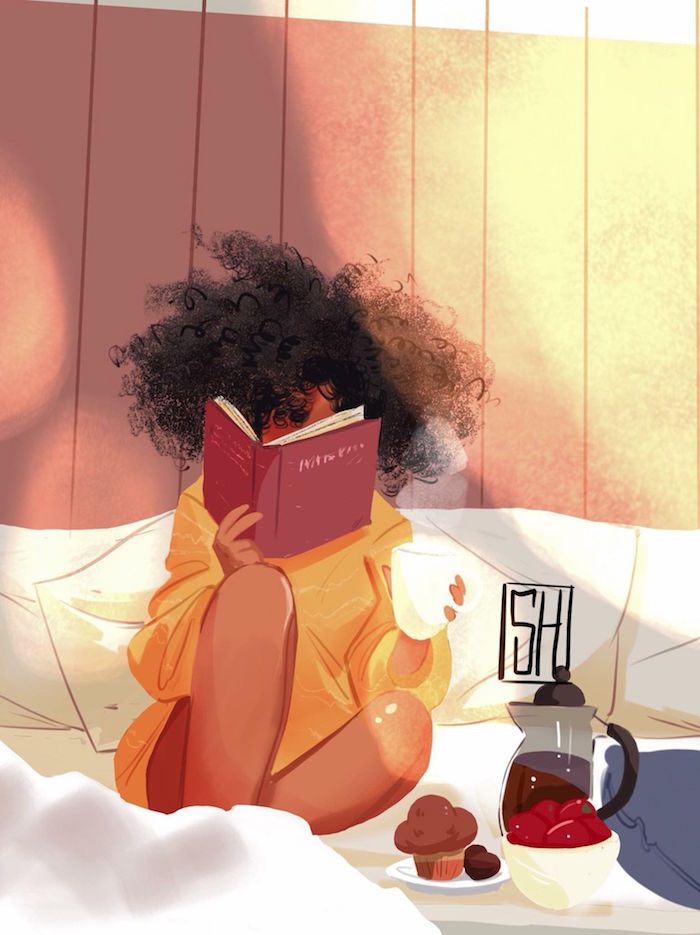 Was machen bei Langeweile, Buch lesen, Tasse Kaffee und Cupcakes im Bett 