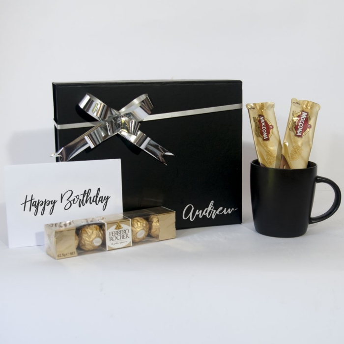 weihanchtsgeschenke für männer, schwarze kaffeetasse, geschenk set mit süßigkeiten, pralinen