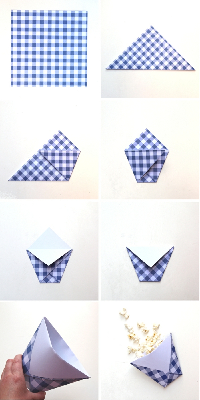 kariertes Blatt Papier, DIY Anleitung für Popcorn Becher aus Pappe, DIY Origami falten, Schritt für Schritt