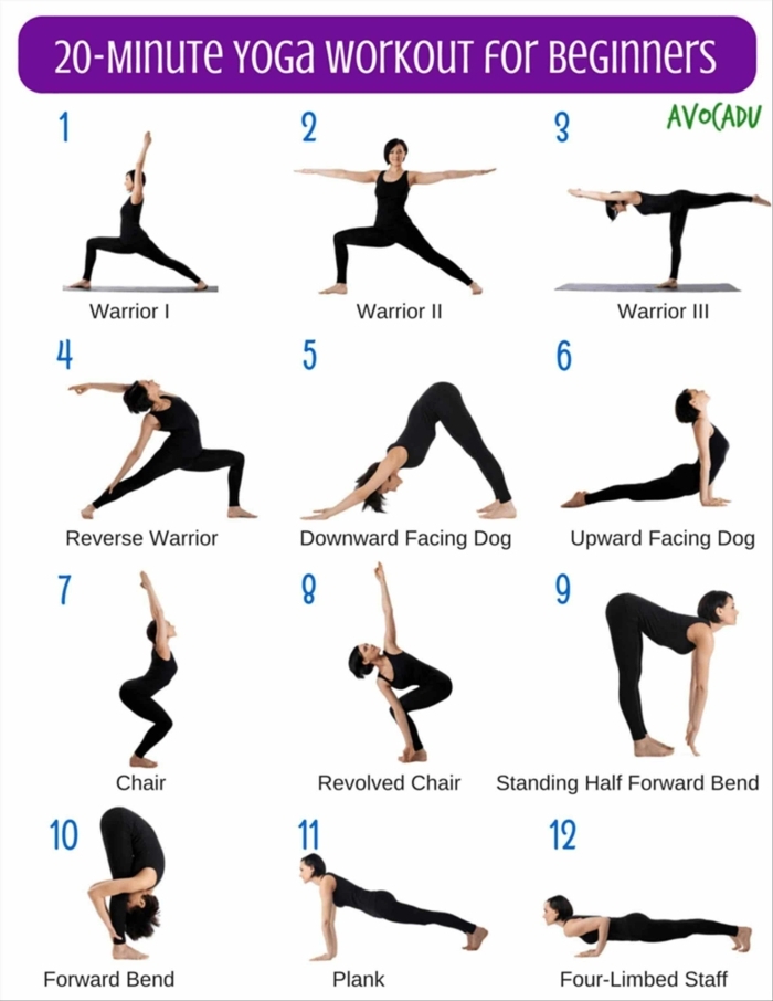 zwanzig Minuten Yoga Workout für Anfänger, zwölf Posen, sportübungen für zuhause, Frau macht Übungen vor