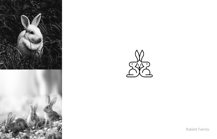 logo rabbit family von dem designer shibu pg, zwei bilder mit weißen hasen, ein markenlogo 