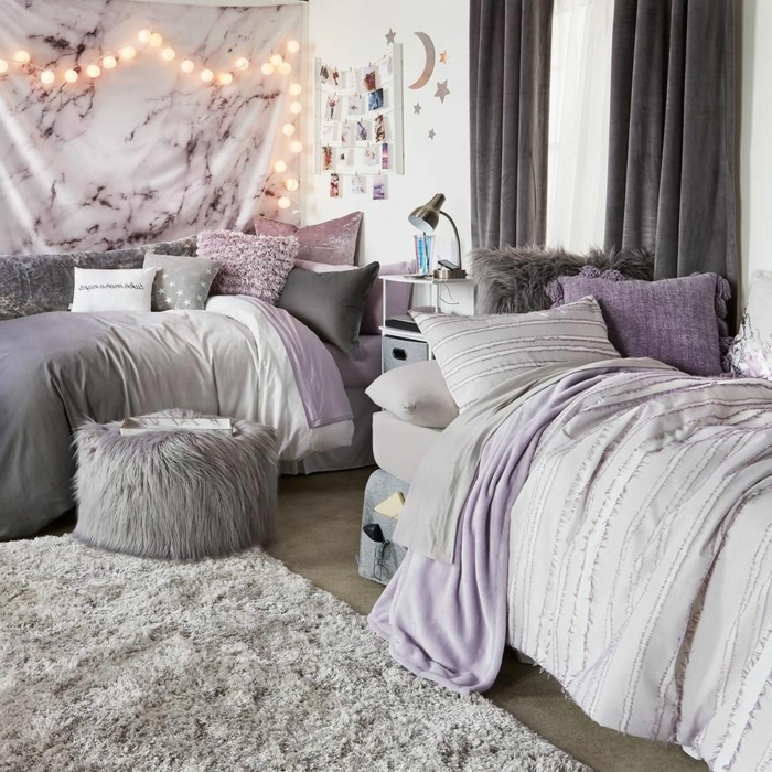 tumblr zimmer deko, zimmerdeko in grau und lila, jugendzimmer für zwei