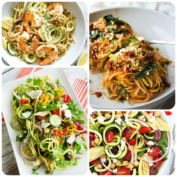 zucchini spaghetti rezept, low carb gerichte, garnelen miz zoodles, gesunder salat mit gemüsenudeln