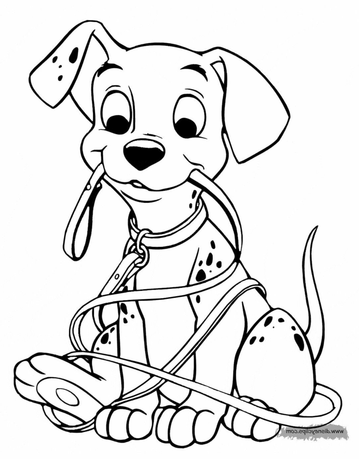 kleiner Hund von dem Disney FIlm 101 Dalmatiner, hält Leine im Mund, Ausmalbilder für Mädchen, 