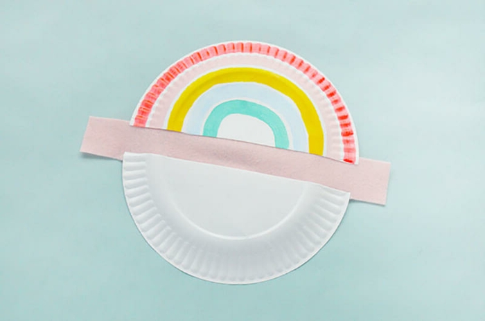 Regenbogen basteln DIY Anleitung, aufgeschnittener Pappteller in zwei, Hälfte bemalt in bunten Farben