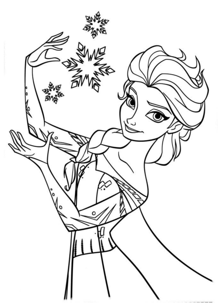 Mädchen mit langen Haaren mit Zopf, Elsa von dem Film die Eiskönigin, drei Schneeflocken, Blätter zum ausmalen