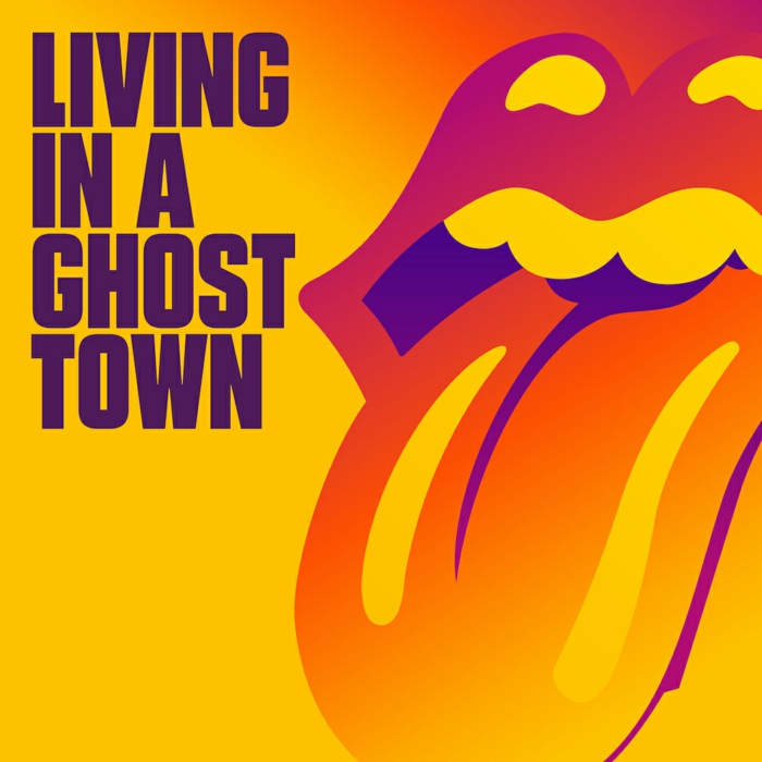 poster zu dem neuen coronavirus song der britischen band the rolling stones living in a ghost town, ein mund einer frau und zung