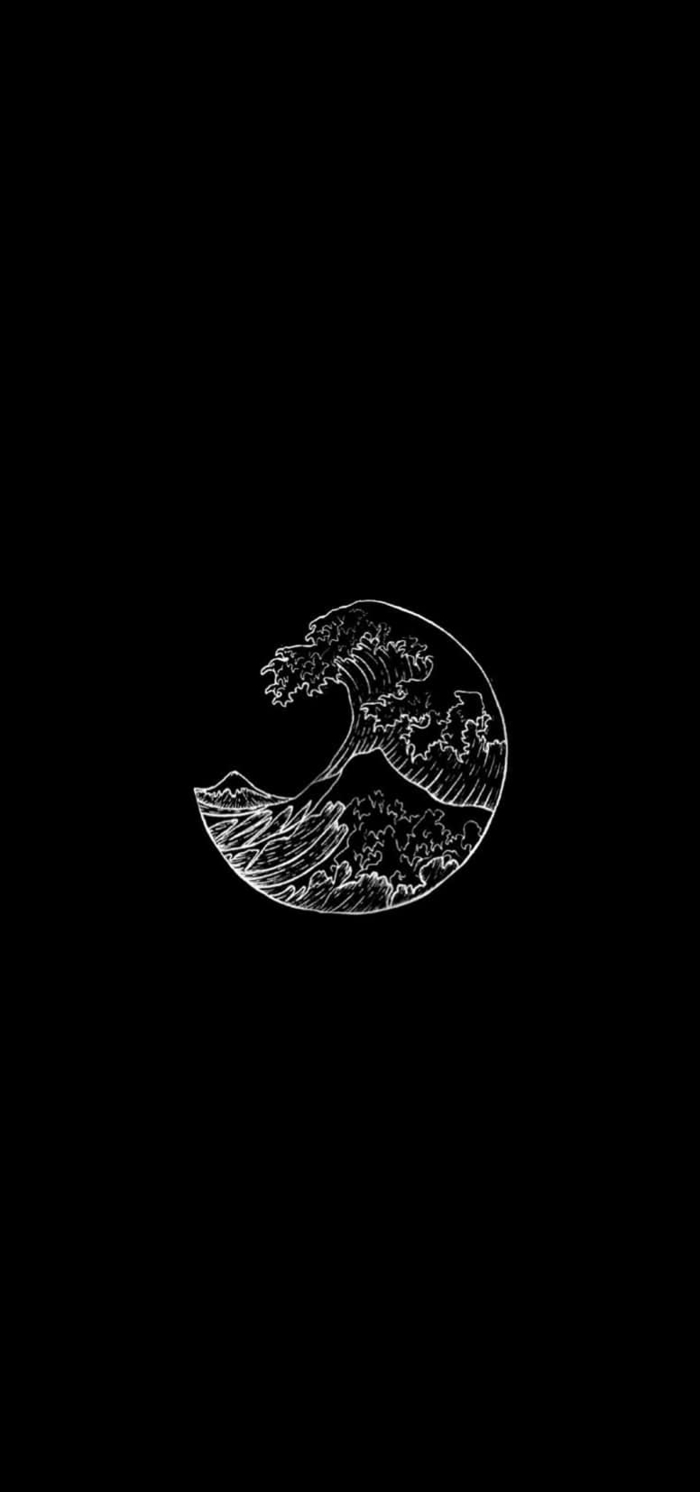 schwarzes Hintergrundbild für Handys mit einer weißen Zeichnung vom Mond mit Wellen, Aesthetic Backgrounds