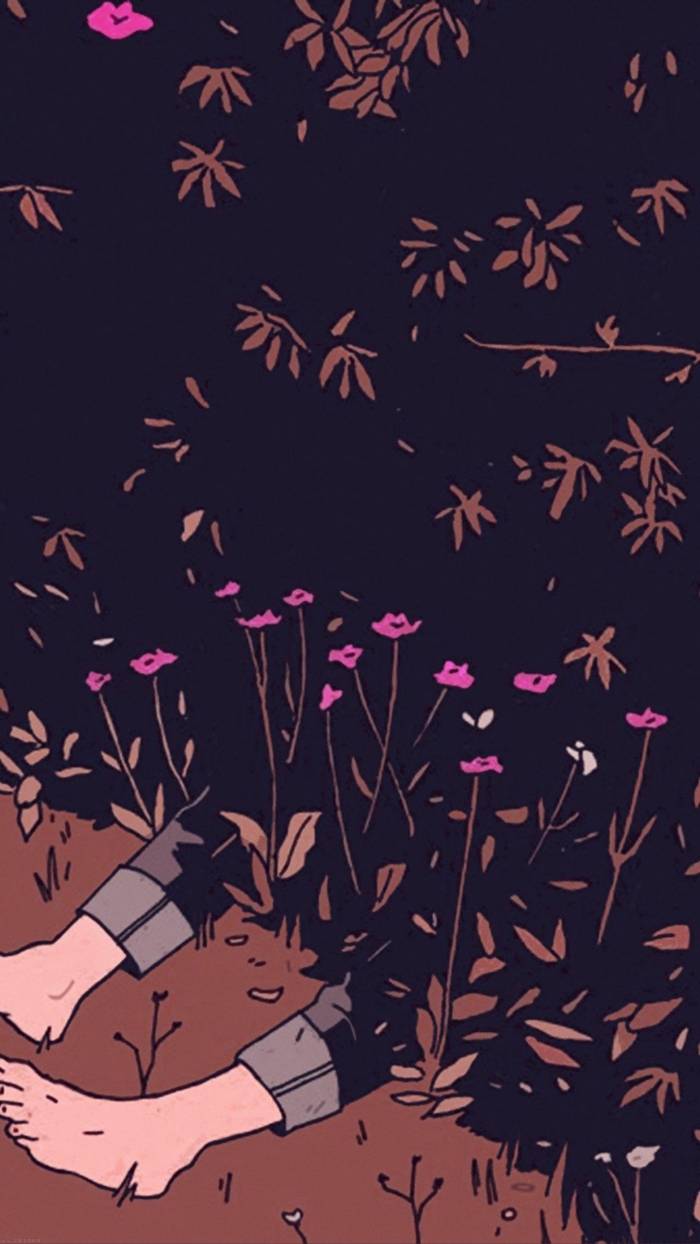 Tumblr aesthetic backgrounds, Anime Bild von Füßen in einem Busch, kleine pinke Blumen