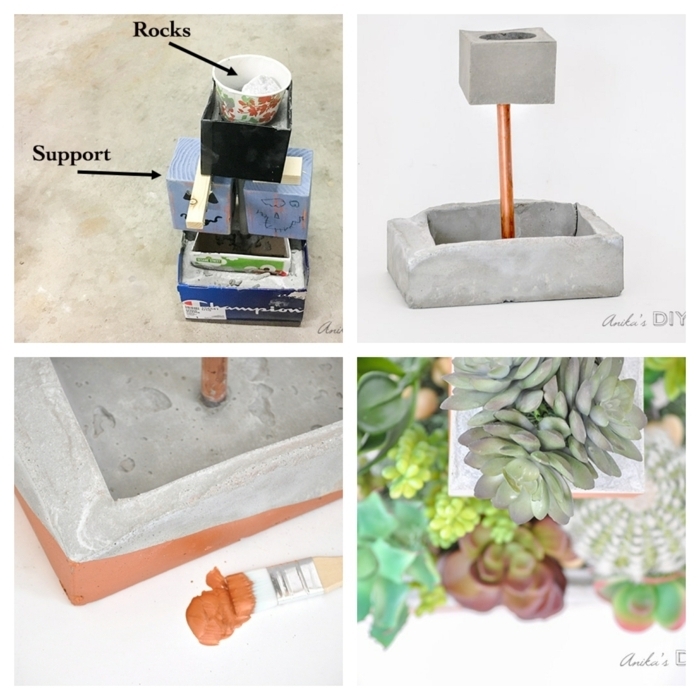 Collage mit DIY Anleitung zum anfertigen vom Pfanzer, Betonkübel für Pflanzen mit Kupfer Stange, viele grüne Kakteen,