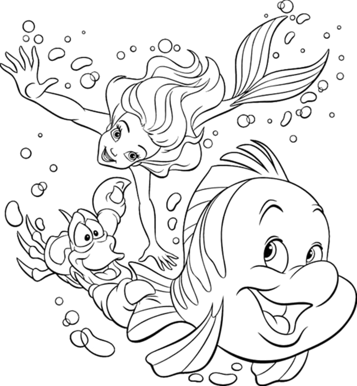 Arielle die kleine Meerjungfrau schwimmt im Wasser mit Fabius und Sebastian, Ausmalbilder disney