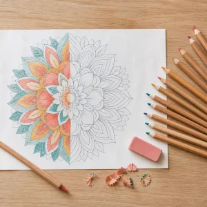 Bilder zum Ausmalen: halb koloriertes Mandala-Blatt mit Buntstiften auf Holztisch