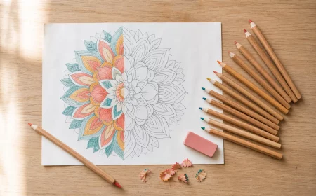 Bilder zum Ausmalen: halb koloriertes Mandala-Blatt mit Buntstiften auf Holztisch
