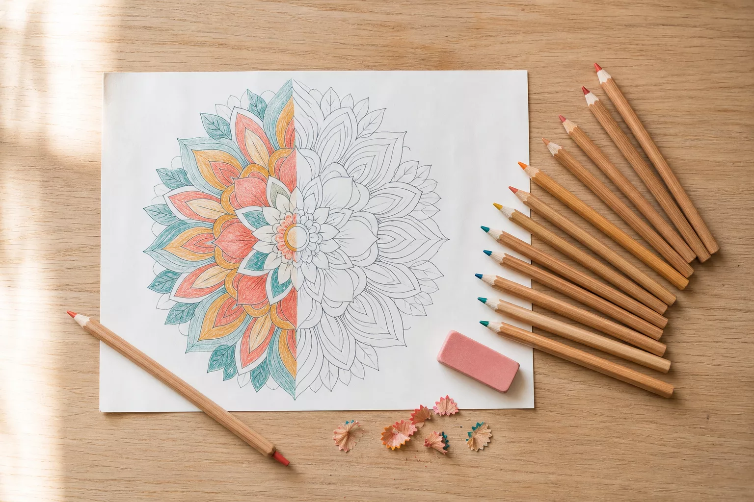 Bilder zum Ausmalen: halb koloriertes Mandala-Blatt mit Buntstiften auf Holztisch