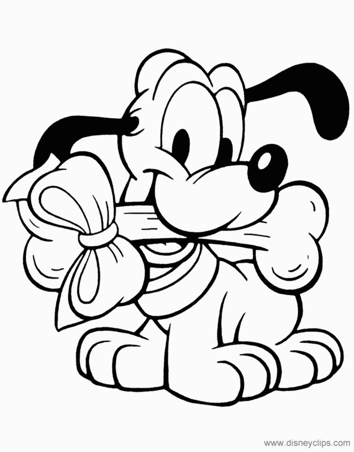 Disney Mickey Mouse Figuren, Baby Pluto hält Knochen mit einer Schleife, Ausmalbilder zum ausdrucken, 