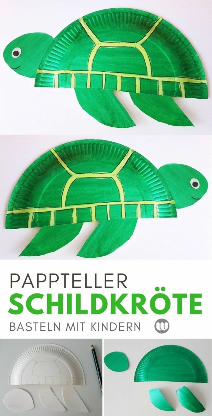 Bastelideen Schildkröte, Basteln mit Papptellern, DIY Anleitung für Kinder, Schritt für Schritt, Meerestiere basteln