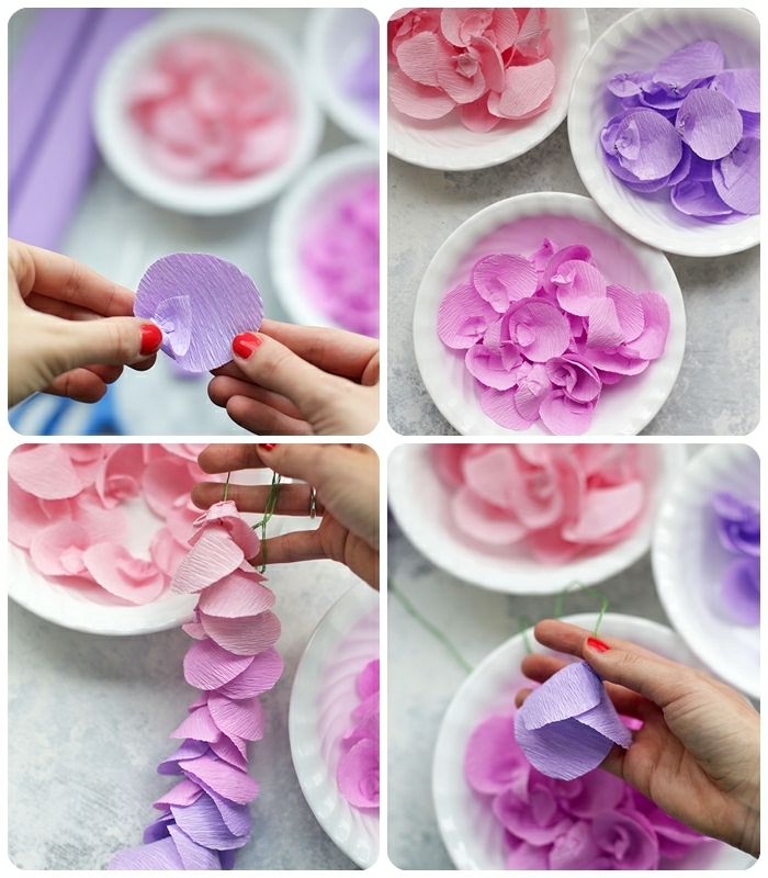 basteln mit krepppapier frühling, mnobile selber machen, blütenblätter aus rosa und lila papier