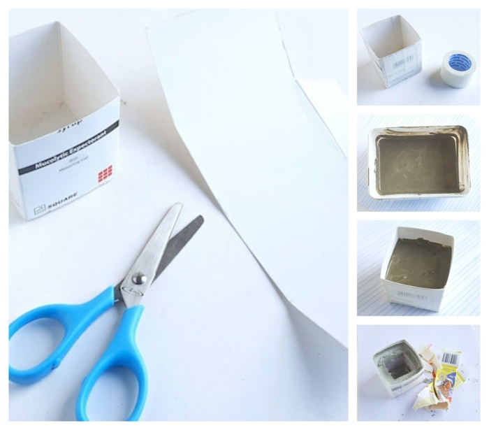 Collage mit DIY Anleitung zum Anfetigen von kleinem Pflanzkübel beton selber machen, Box aus Karton, blaue Schere