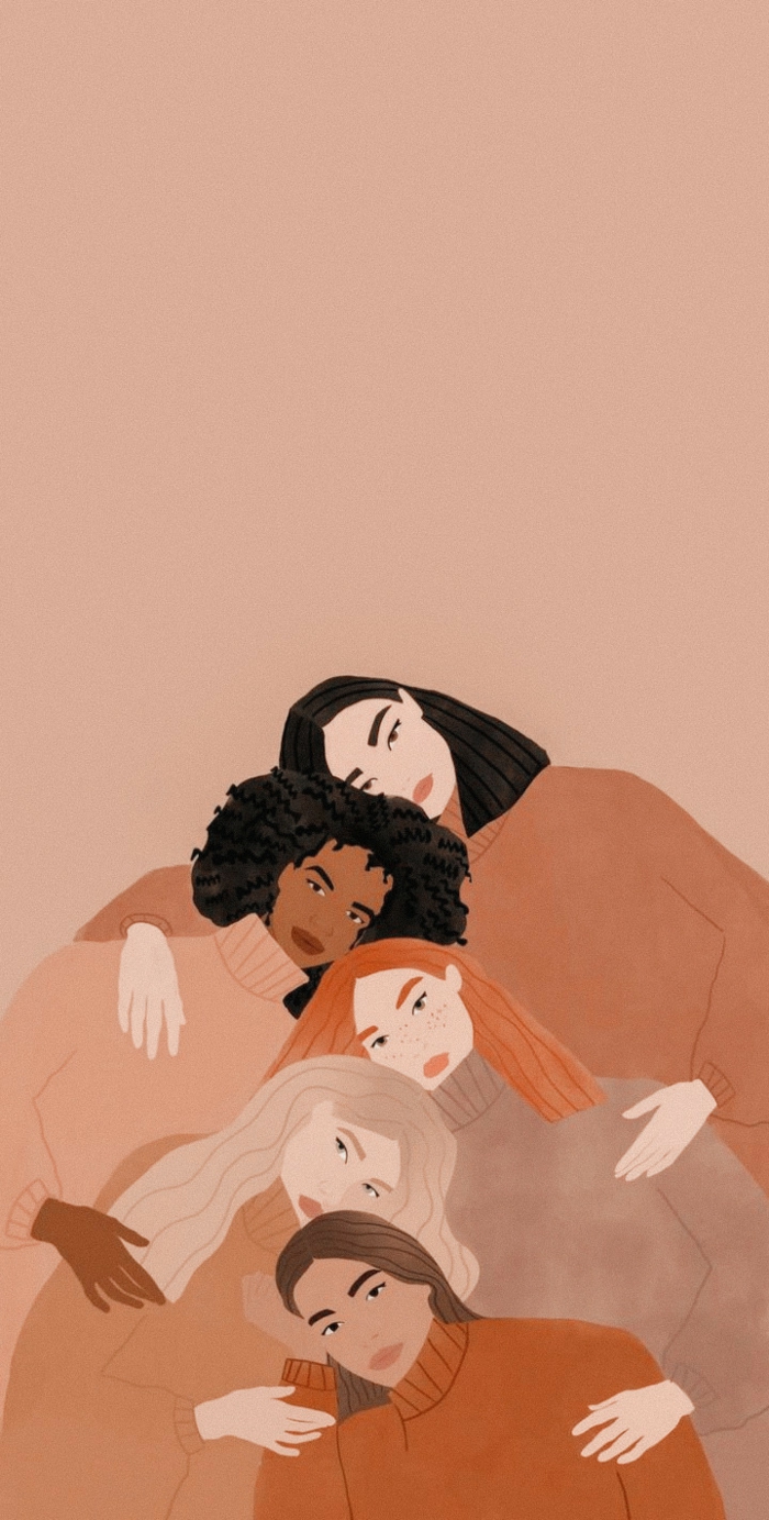 Zeichnung von fünf verschiedenen Fraue in Pullis, Frauen unterstützen Frauen, Hintergrundbilder Handy, Aesthetic Wallpaper Iphone