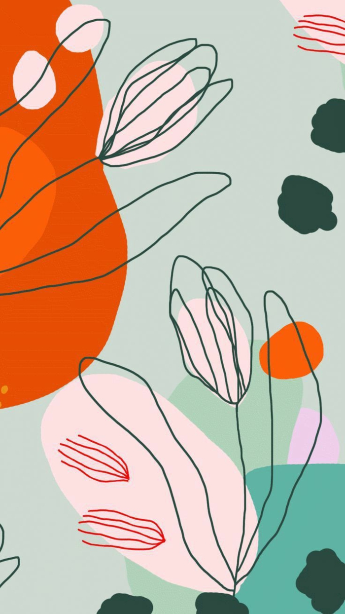 Zeichnung von zwei Blumen, Pastellfarben im Hintergrund, orange und dunkelgrün, aesthetic iphone wallpaper