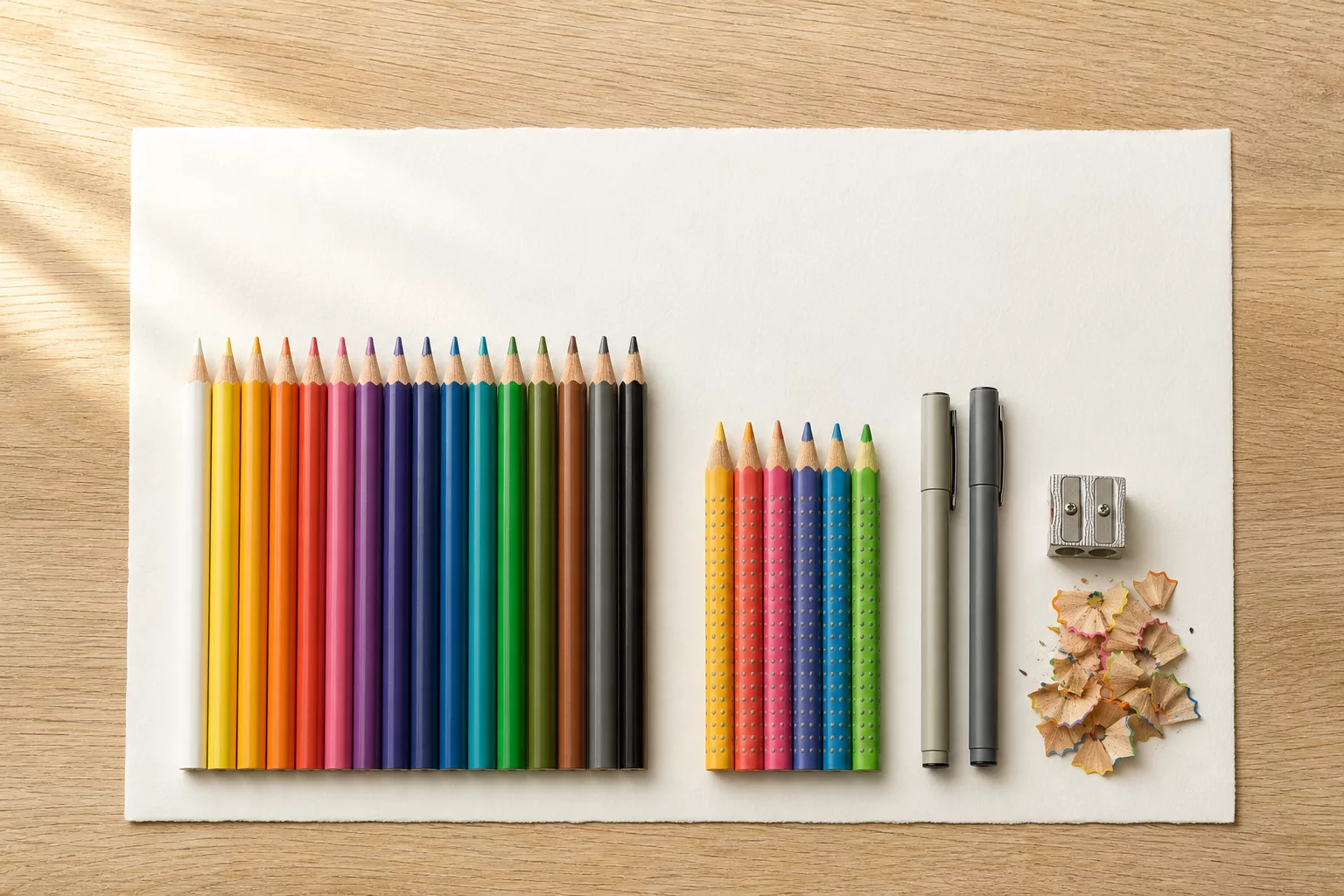 Buntstifte, Dreikantstifte und Fineliner als Material-Flatlay auf Papier