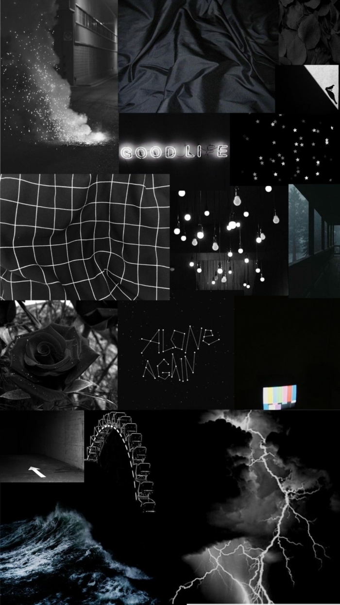 aesthetic wallpaper black, collage von verschiedenen Bilder in schwarz, Hintergrund Bilder Handy