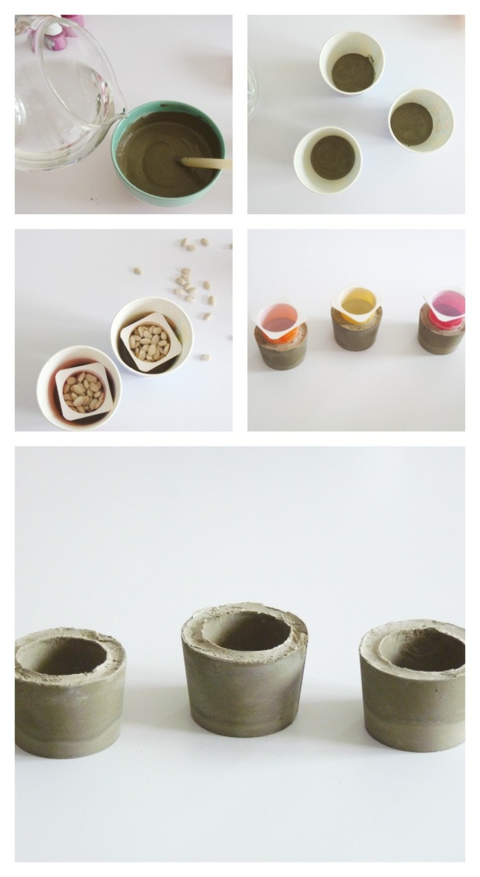 DIY Erklärung zum basteln von kleinem Blumenkübel, schöne Übertöpfe für Innen, Gefäße gefüllt mit Beton 