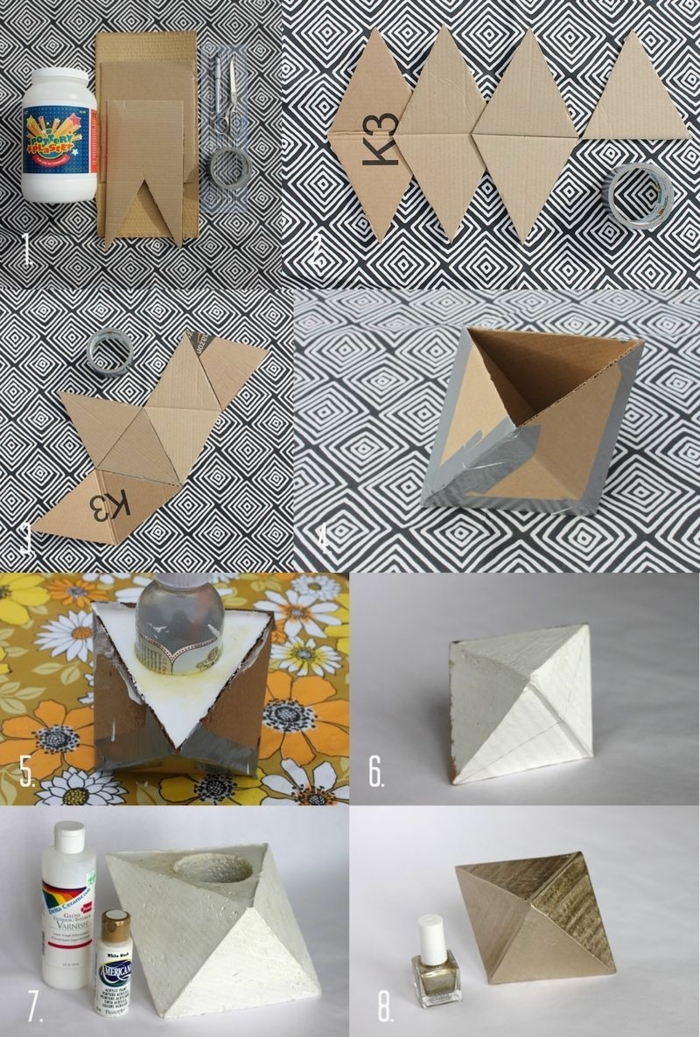 Anleitung zum basteln von geometrische Figur, Betonarbeiten selber machen aus Karton, goldener Nagellack