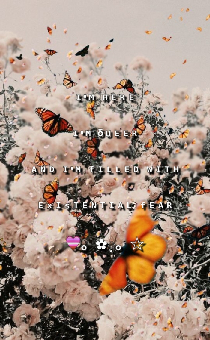 Foto von weißen Blumen mit vielen Schmetterlingen mit Spruch, Aesthetic Wallpaper Iphone