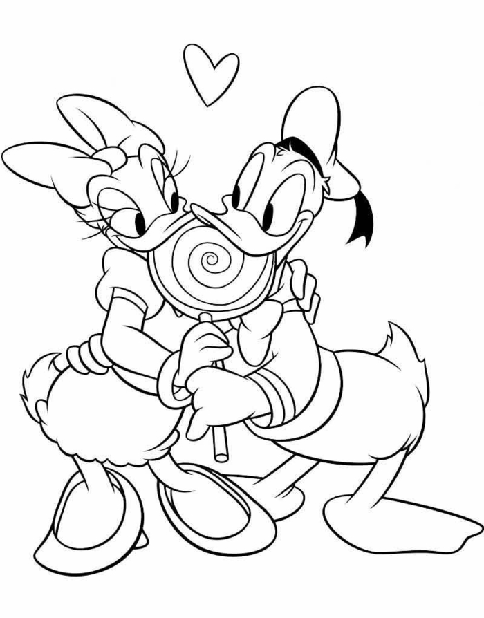 Enten Daisy Duck und Donald Duck halten einen Lutscher, Disney Figuren, Blätter zum ausmalen