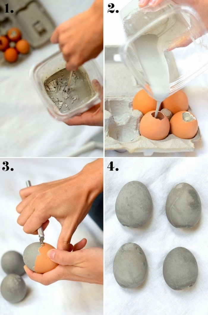 Hand mischt beton in eine Schale aus Plastik, Gefäße aus Beton selber machen aus Eierschalen