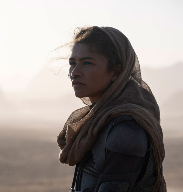 eine junge frau in wüste, die schauspielerin zendaya in der rolle von der figur chani in dem neuen film dune von denis viellenevue 