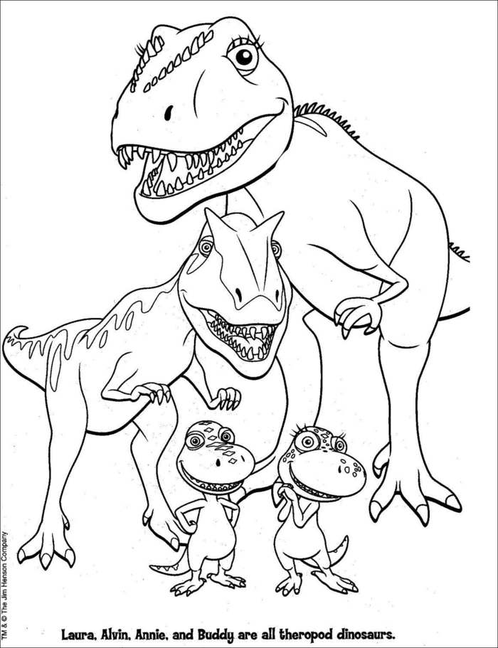 Bilder zum Ausmalen, kleine Familie aus vier Dinosaurier, Mutter und Vater, kostenlose Malvorlagen, 