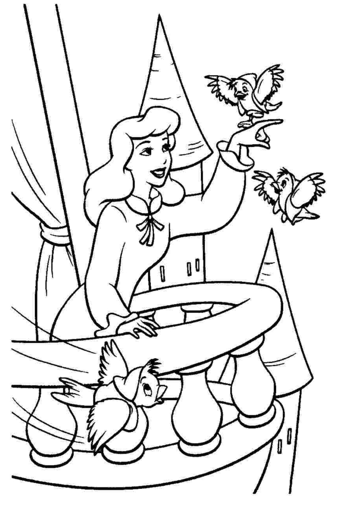 Aschenputtel steht auf einem Balkon und spielt mit den Vogeln, Ausmalbilder für Mädchen