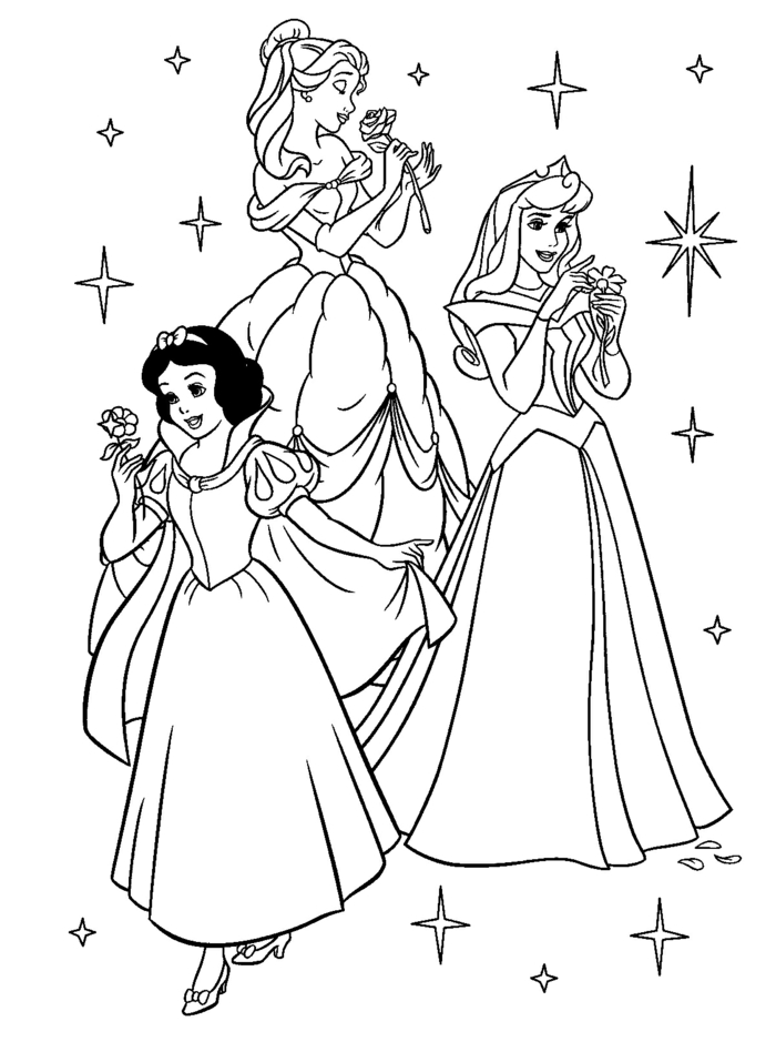 Drei Disney Prinzessinen, Schneewittchen Belle und Dornröschen halten Blumen, ausmalbilder Disney