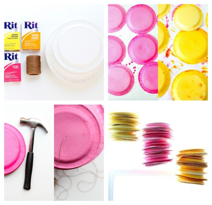bunte Laternen aus Papptellern basteln, gefärbte weiße in pink und gelbe weiße Teller aus Papper, DIY Anleitung