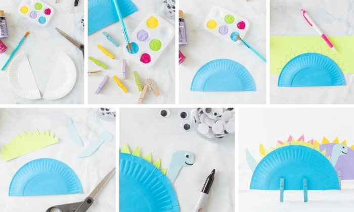 DIY Anleitung zum basteln von Dinosaurier aus weißem Pappteller bemalt in blau, Muttertag basteln Kinder Pinterest 