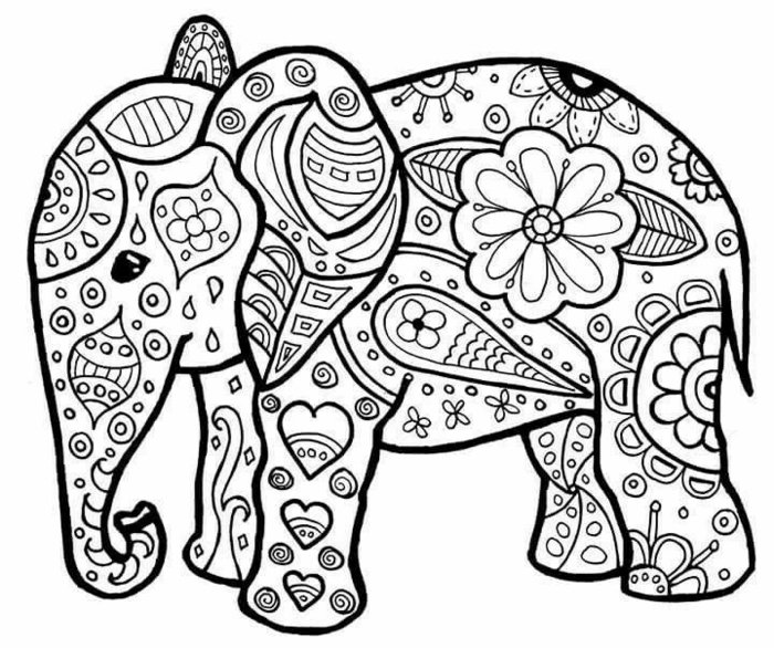 Bild von einem kleinen Elefanten, Mandalas für Kinder, viele Blumen und Herzen Motive, 