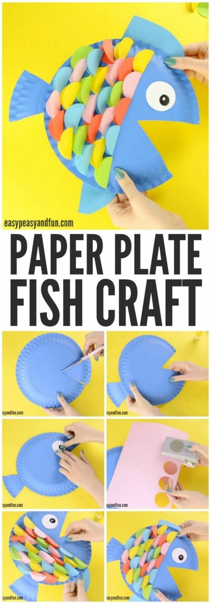 Fische basteln mit Kindern, DIY Anleitung, Hand bastelt blauen Fisch aus Pappteller