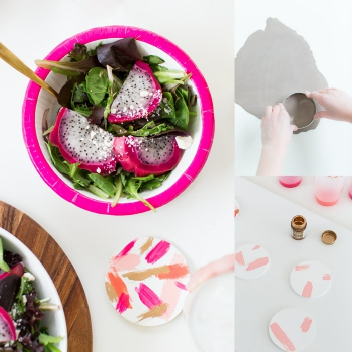 Tischdeko Frühling mit Naturmaterialien, Schüssel mit Salat, Untersetzer aus Ton selbst basteln
