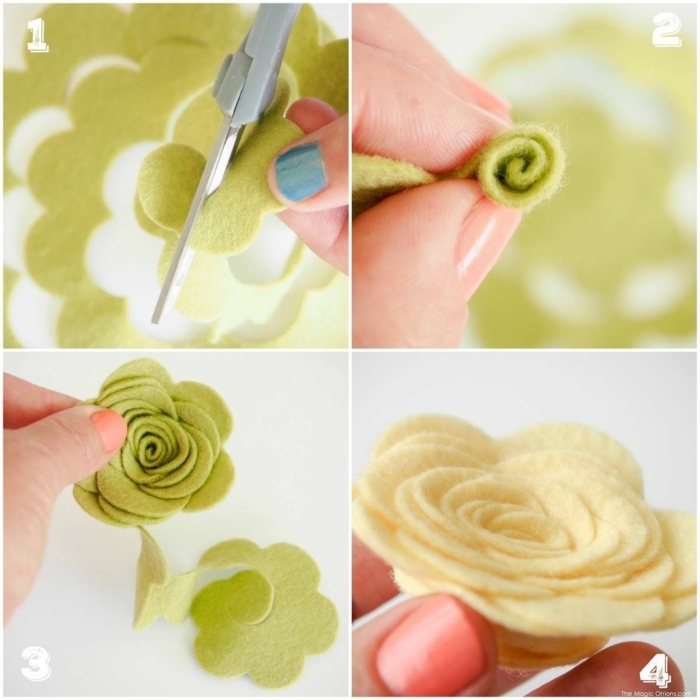 Hand bastelt grüne und weiße Blume aus Filz, Deko für die Wohnung selbst basteln, DIY Collage