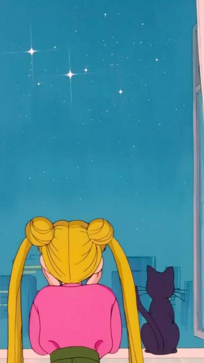 Sailor Moon Bild, blondes Mädchen mit zwei Zöpfen, schwarze Katze, aesthetic anime Wallpaper,
