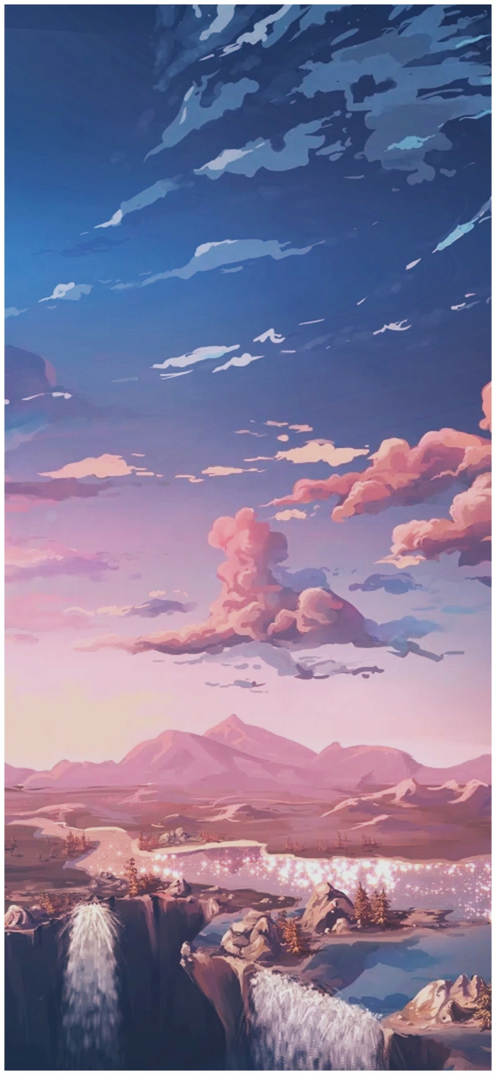 Aesthetic Anime Wallpaper, Zeichnung von Bergen und Wasserfälle, ästhetische Bilder für handyhintergrund