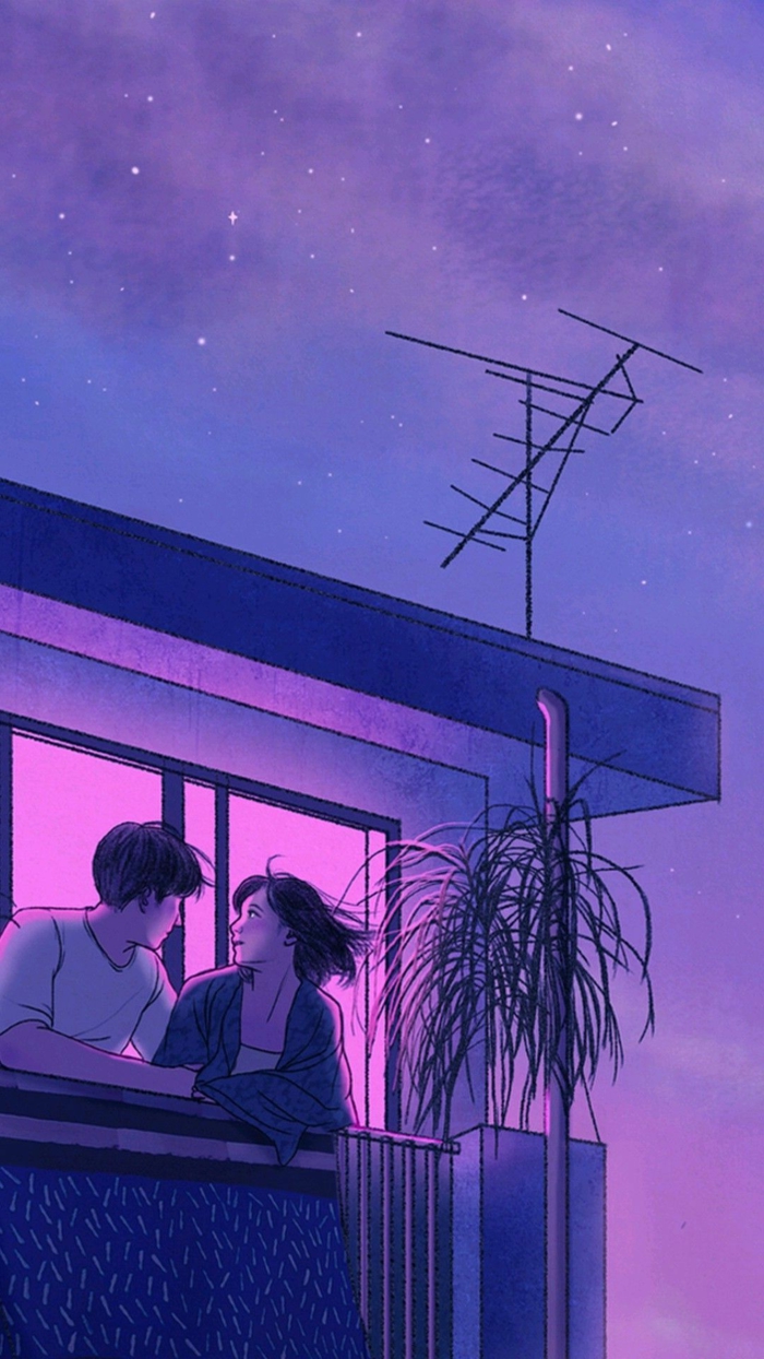 Mann und Frau sitzen auf einem Balkon, Aesthetic Anime Wallpaper, Sterne am Himmel, ästhetische Bilder für Handyhintergrund